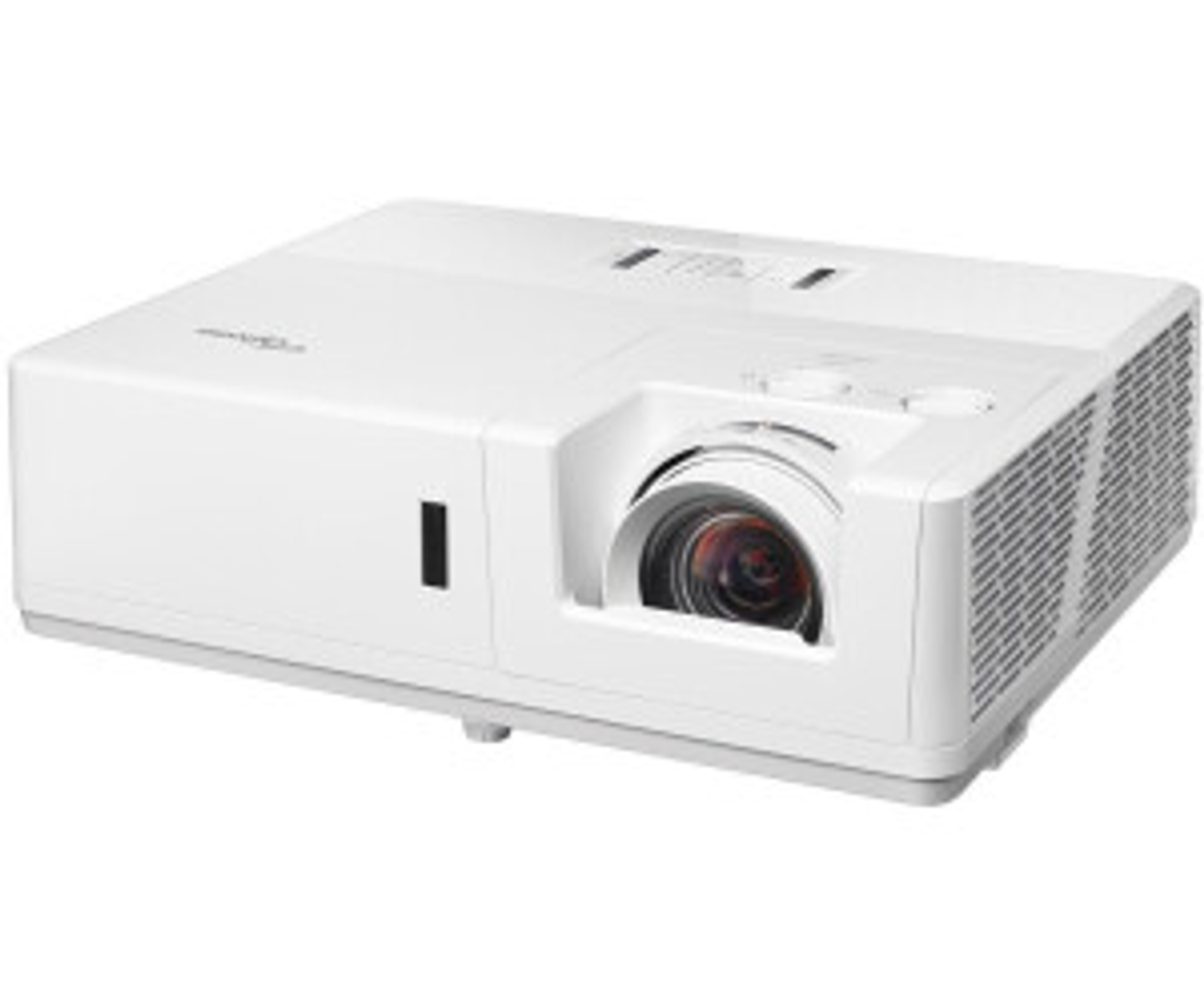 Biały projektor z obiektywem, czarnym otworem wentylacyjnym i panelem bocznym. Jest na białej powierzchni.