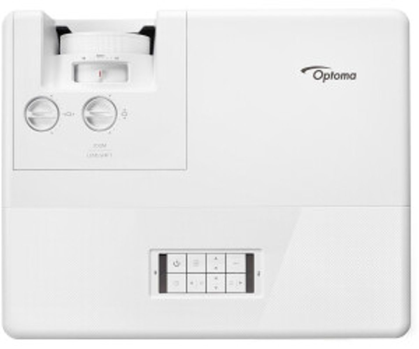 Biały projektor z panelem sterowania. Marka Optoma.