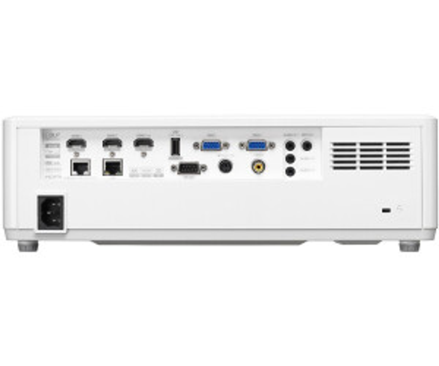 Widok z tyłu białego projektora z portami wejściowymi, w tym HDMI i zasilaniem.
