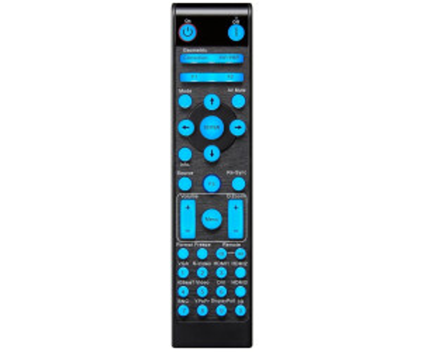 Czarny pilot z niebieskimi przyciskami. Widoczne przyciski zasilania, menu, głośności i inne funkcje.
