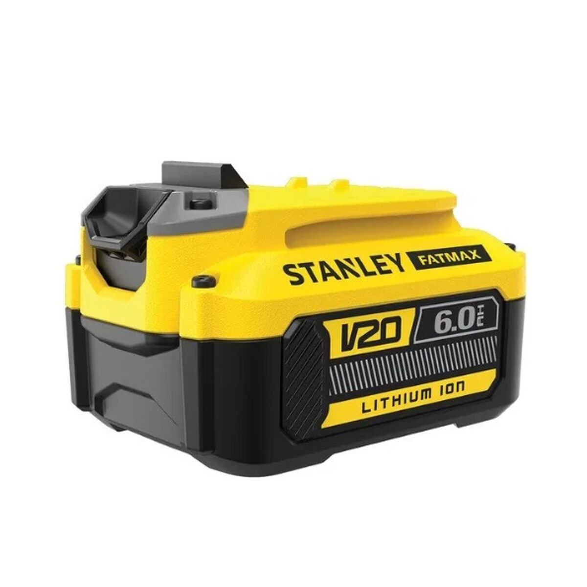 Gelb-schwarzer Stanley Fatmax V20 Lithium-Ionen-Akku. Weißer Hintergrund.