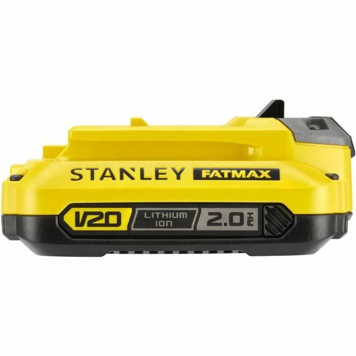 Batería de iones de litio Stanley Fatmax 2.0Ah amarilla y negra, etiquetada con 'V20'.