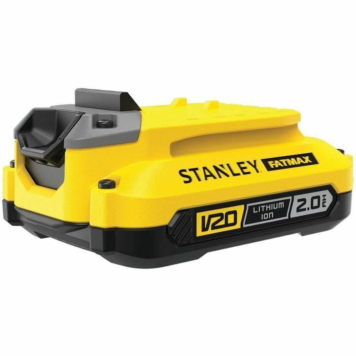 Batería Stanley Fatmax amarilla y negra. La etiqueta dice 'V20 LITHIUM ION 2.0 Ah'.