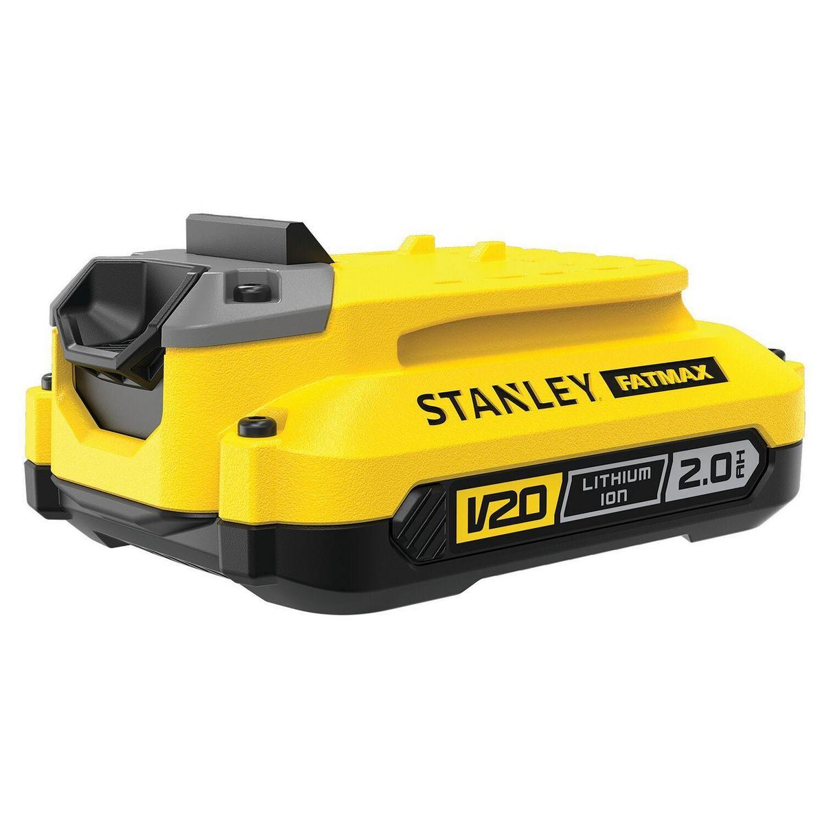 Batería Stanley Fatmax V20 2.0Ah amarilla y negra. La marca y especificaciones son visibles.