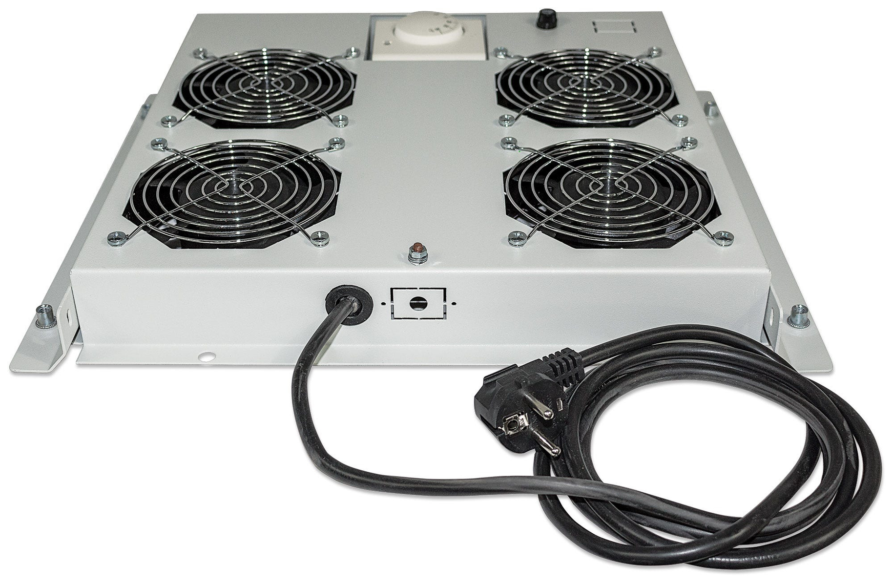 Dispositivo rectangular de metal con cuatro ventiladores, panel de control y cable de alimentación.
