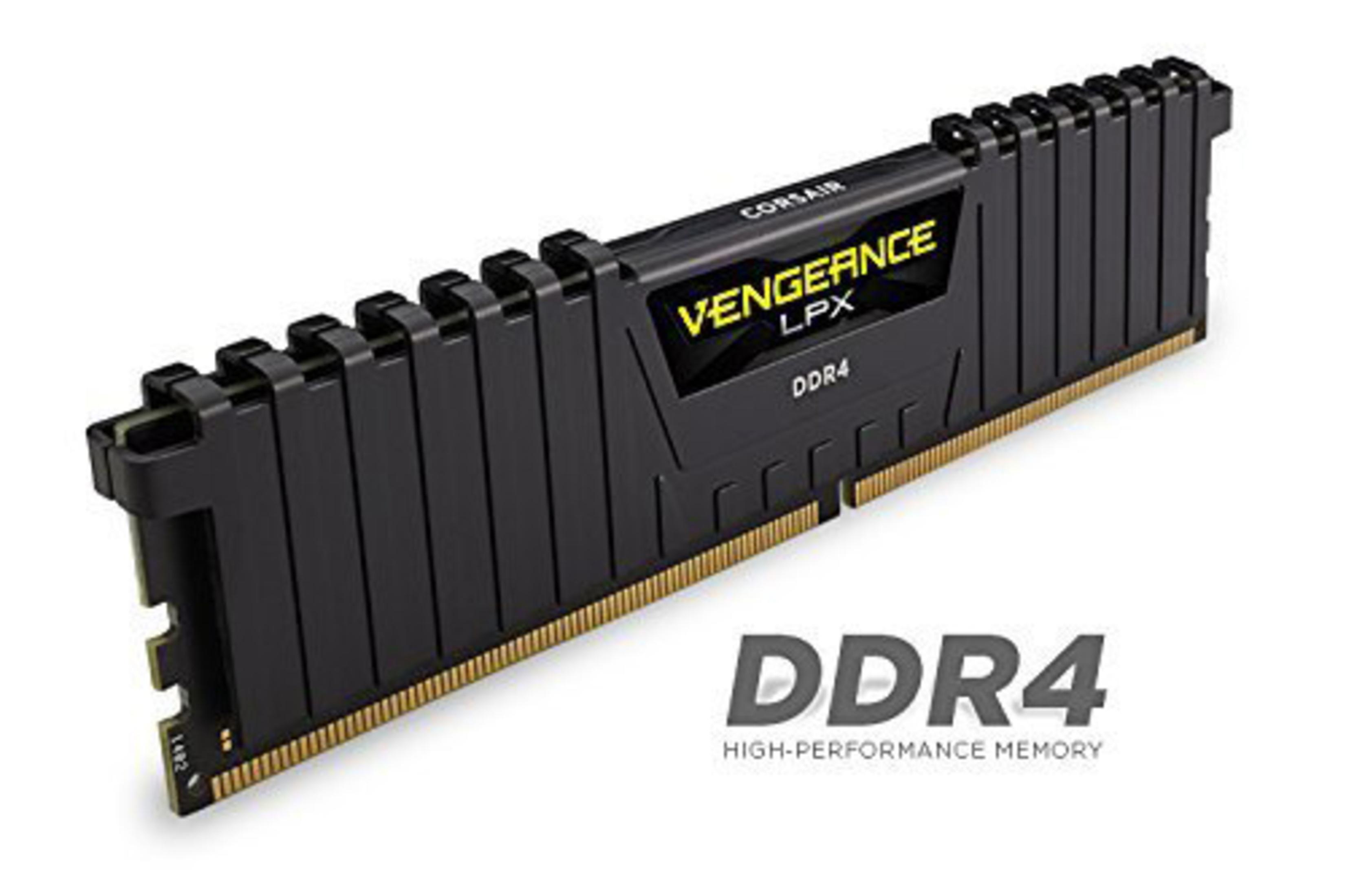 Czarny moduł pamięci RAM DDR4 z marką Corsair Vengeance LPX.