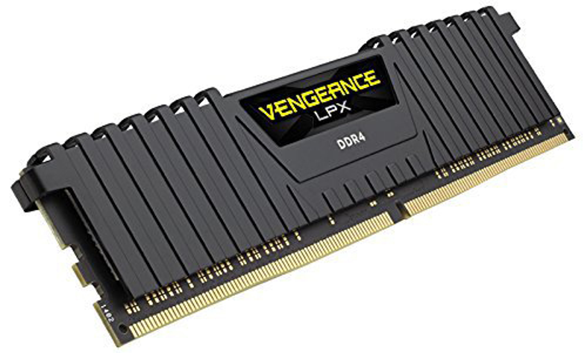Czarny moduł pamięci RAM z żółtym tekstem, Vengeance LPX DDR4.