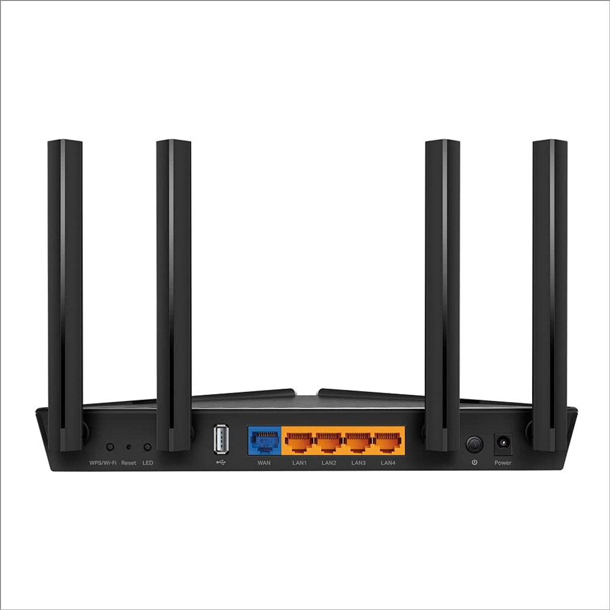 Zwarte router met vier antennes. Het heeft verschillende poorten en knoppen aan de achterkant.