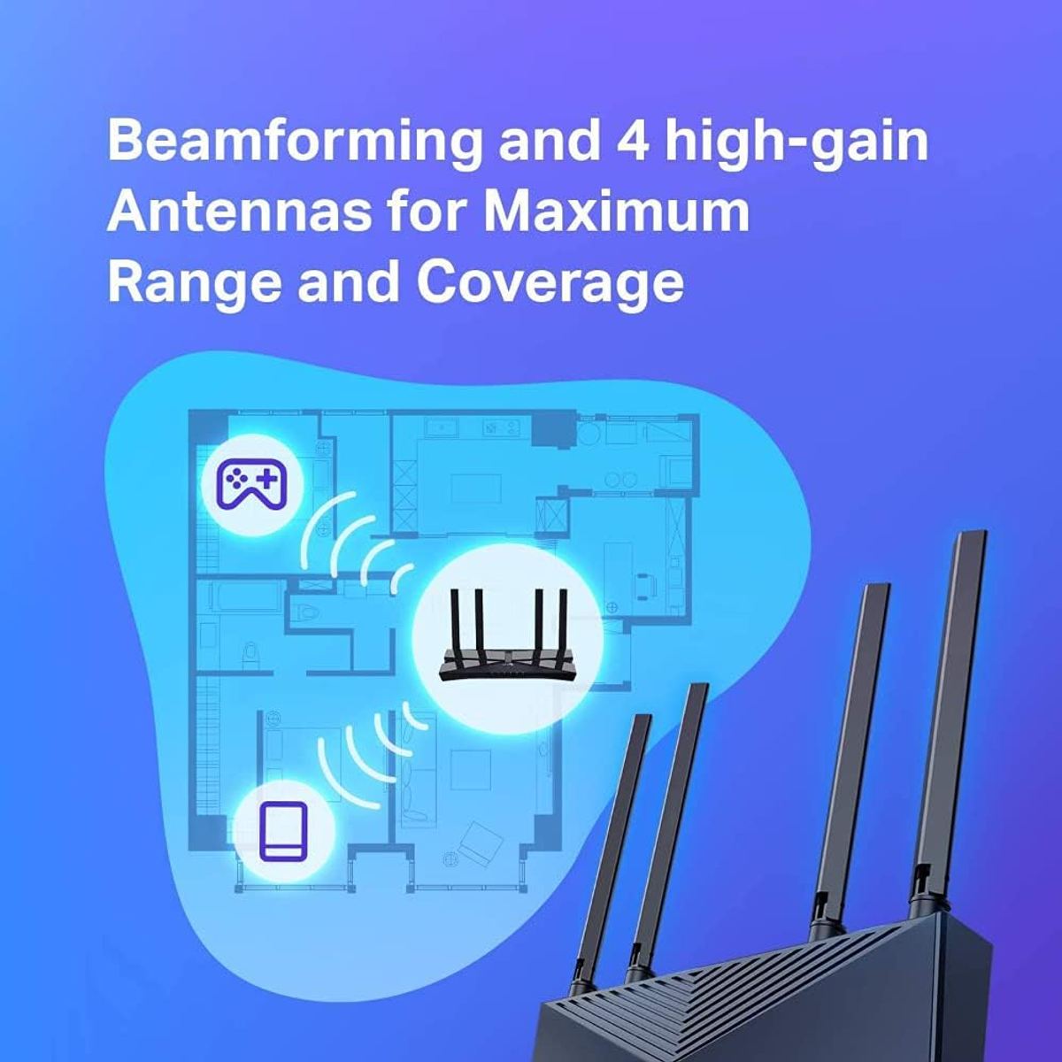 Router met antennes. Tekst: Beamforming en 4 high-gain antennes voor maximale bereik en dekking. Blauwe achtergrond.