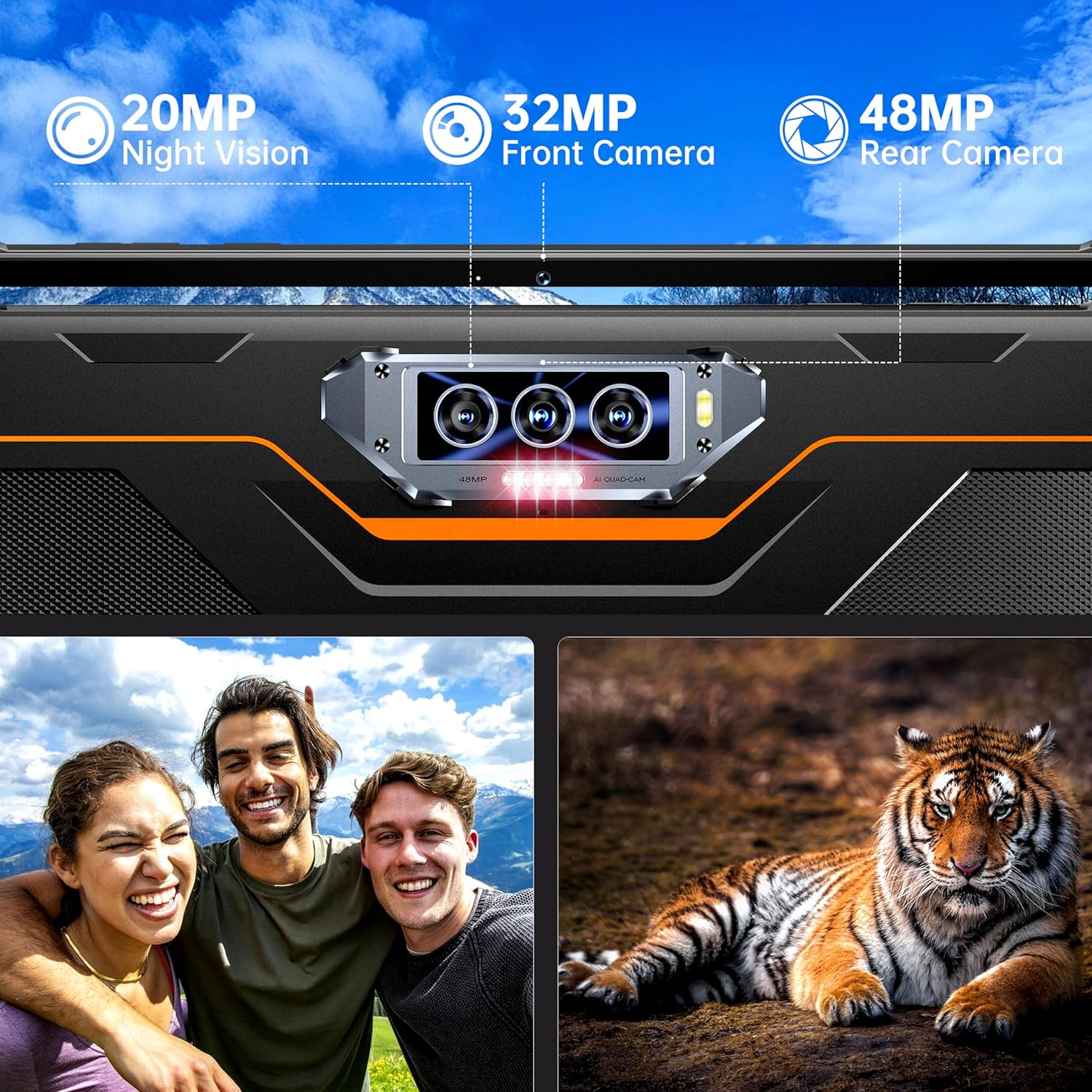 Smartfon z wieloma aparatami i zdjęciami ludzi i tygrysa, informacje o aparatach.