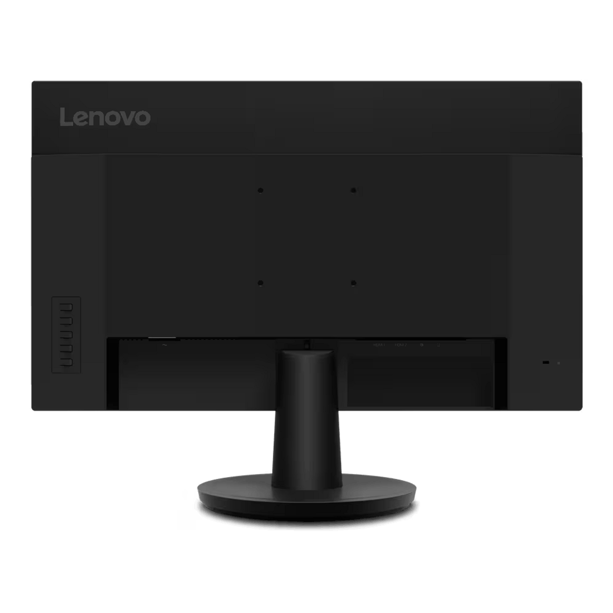 Vista trasera de un monitor Lenovo negro con puertos y un soporte.