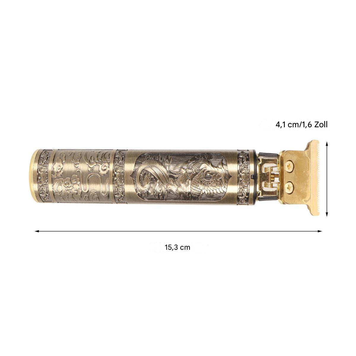 Nahaufnahme eines goldenen Haarschneiders mit einem dekorativen Drachendesign. Maße vorhanden.