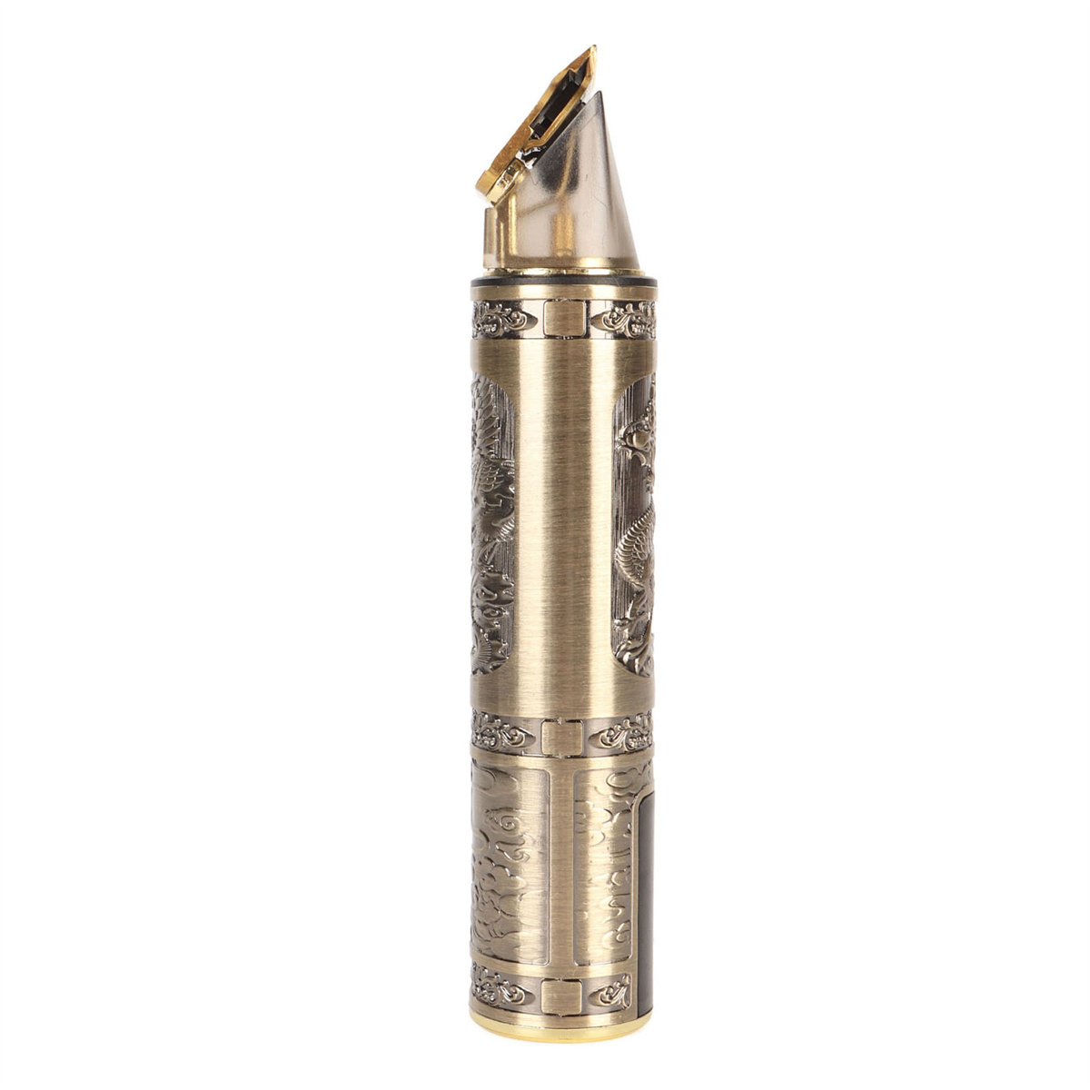Ein goldener Haarschneider im Vintage-Stil mit verzierten Designs auf weißem Hintergrund.