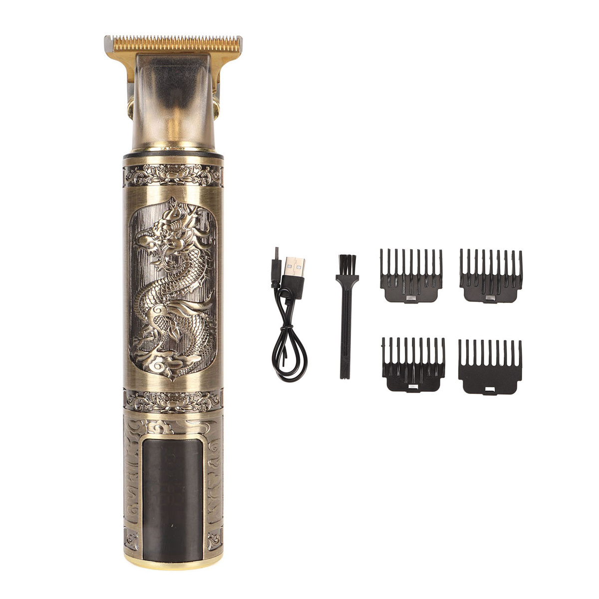 Ein goldener Haarschneider mit Zubehör auf weißem Hintergrund.