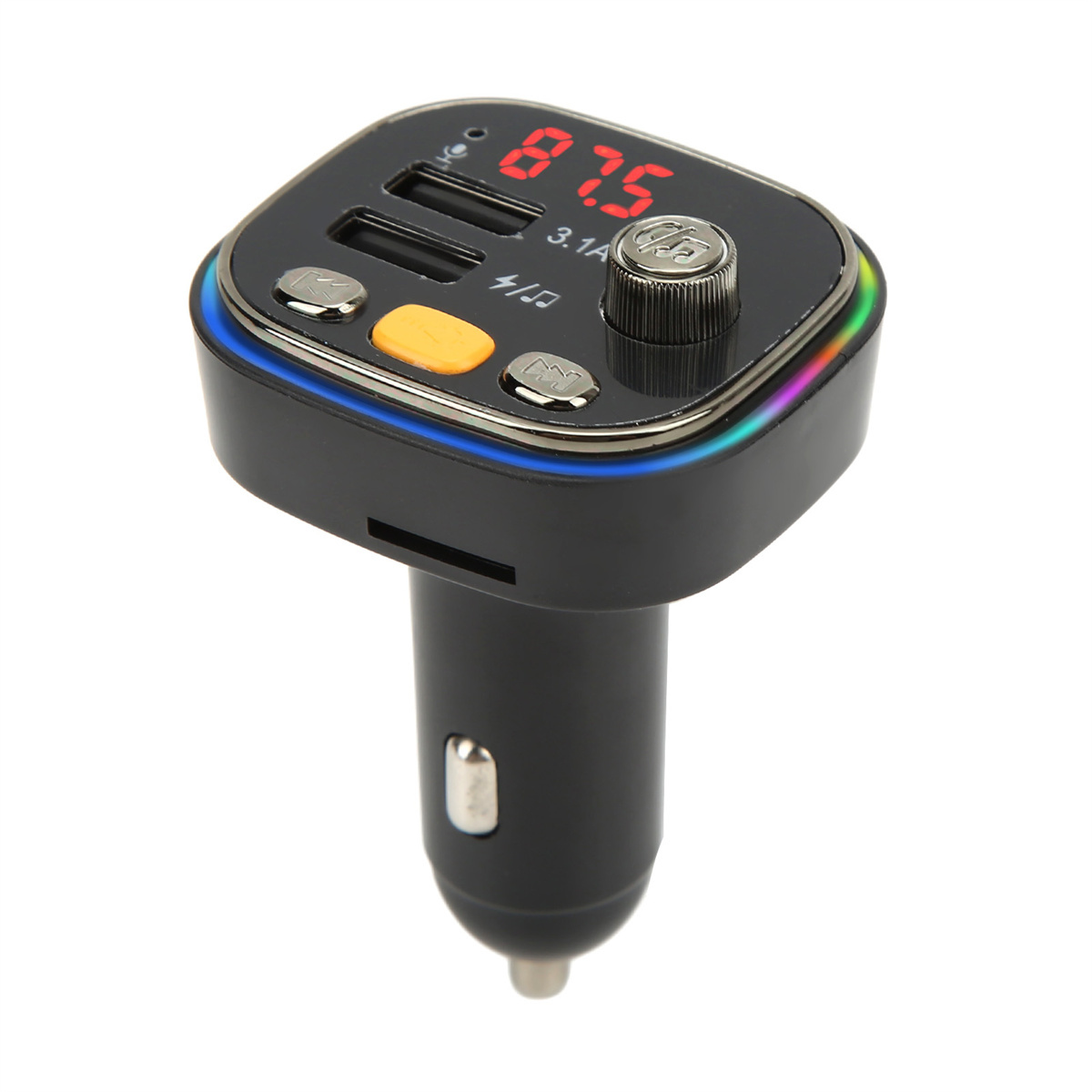 Schwarzes Autoladegerät mit zwei USB-Anschlüssen und Anzeige '87.5'. Hat einen Farbring.