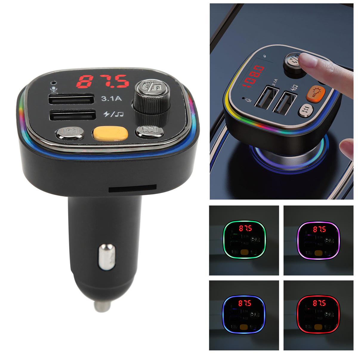 Autoladegerät mit USB-Anschlüssen und Digitalanzeige. Mehrere Lichter in verschiedenen Farben.