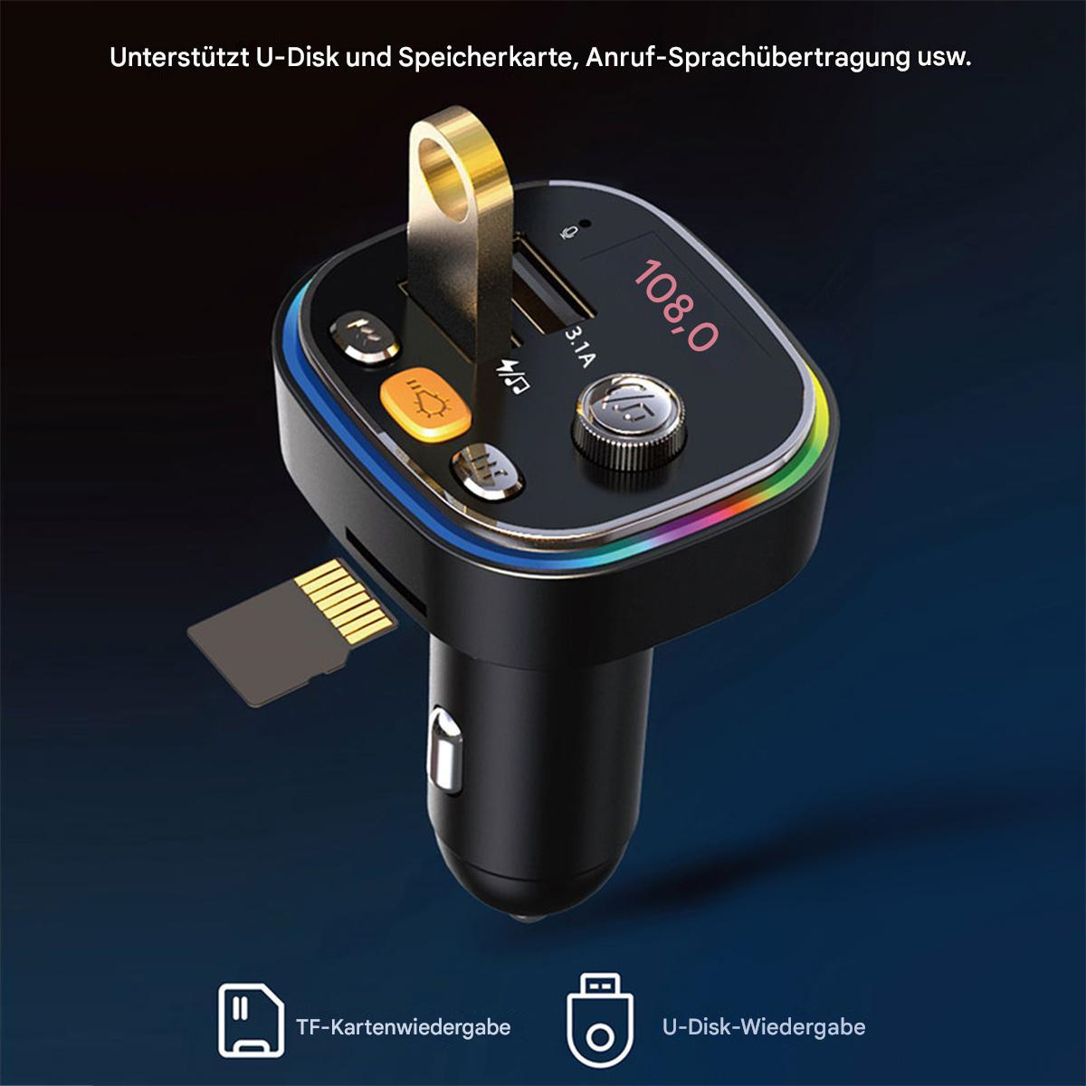 Car-FM-Transmitter mit USB- und SD-Kartensteckplatz, schwarz, goldfarbene Akzente und Digitalanzeige.