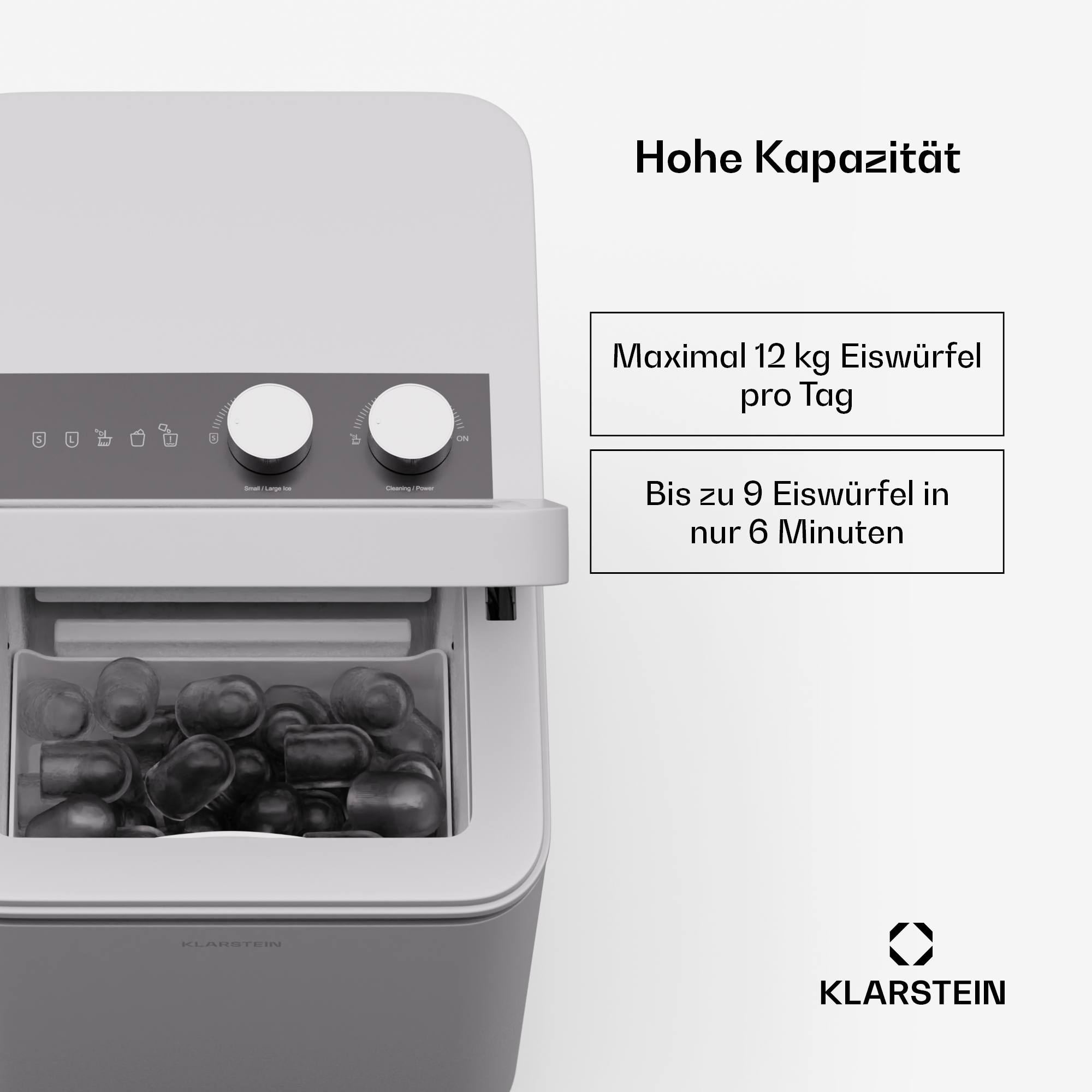 Ein Eisbereiter mit Eiswürfeln und Text über die Eisproduktion und Kapazität.