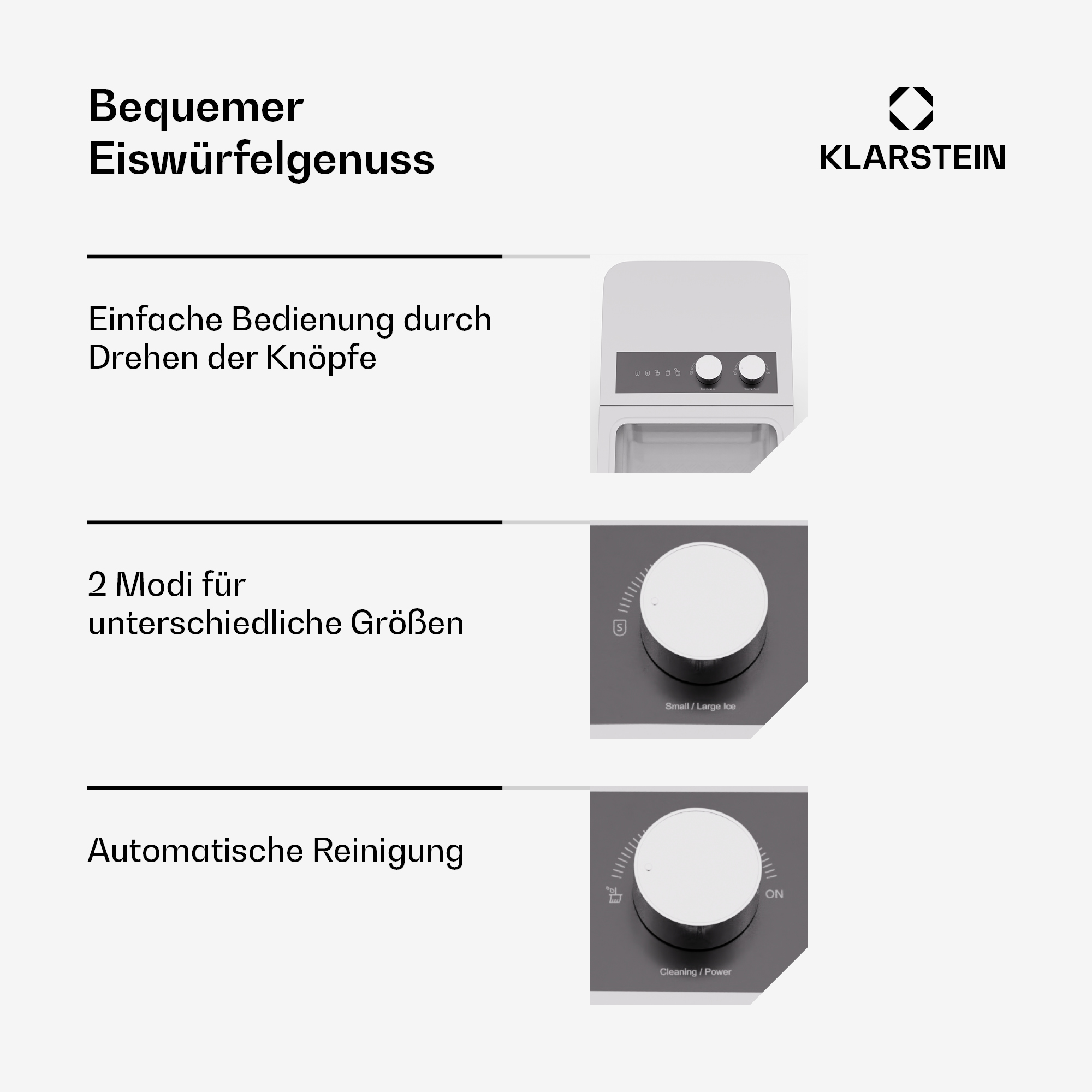 Infografik über die Funktionen einer Eiswürfelmaschine mit Knöpfen und Drehreglern. Text auf Deutsch.