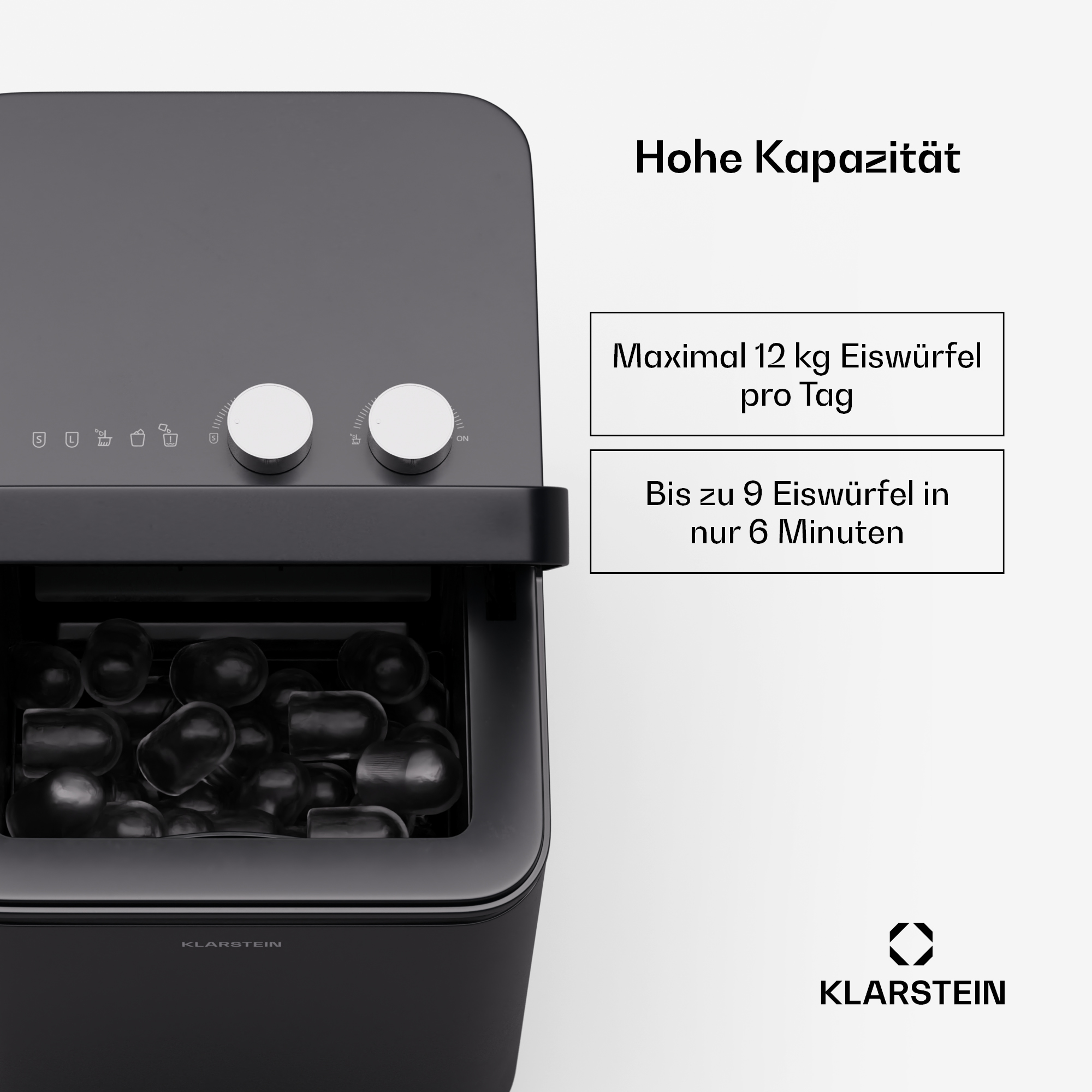 Schwarze Eismaschine. Die Maschine macht Eiswürfel. Der Text zeigt die Eiskapazität.