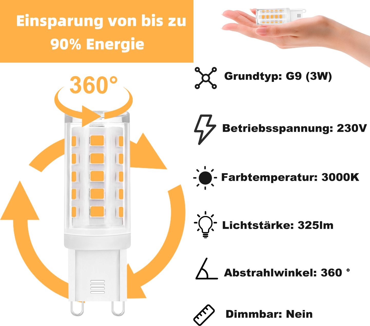 Zbliżenie żarówki LED G9 ze specyfikacją. Oferuje światło 360°, 325lm, 230V, 3000K i nie jest ściemnialna.