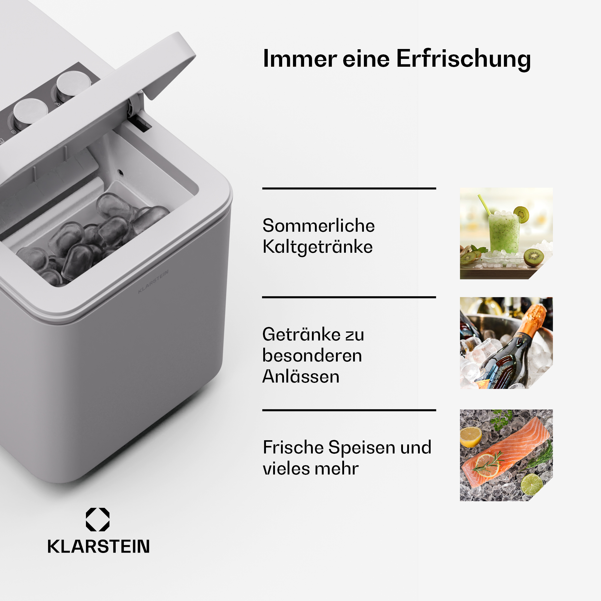 Weiße Eismaschine mit Eiswürfeln und Bildern von kalten Getränken und Speisen.