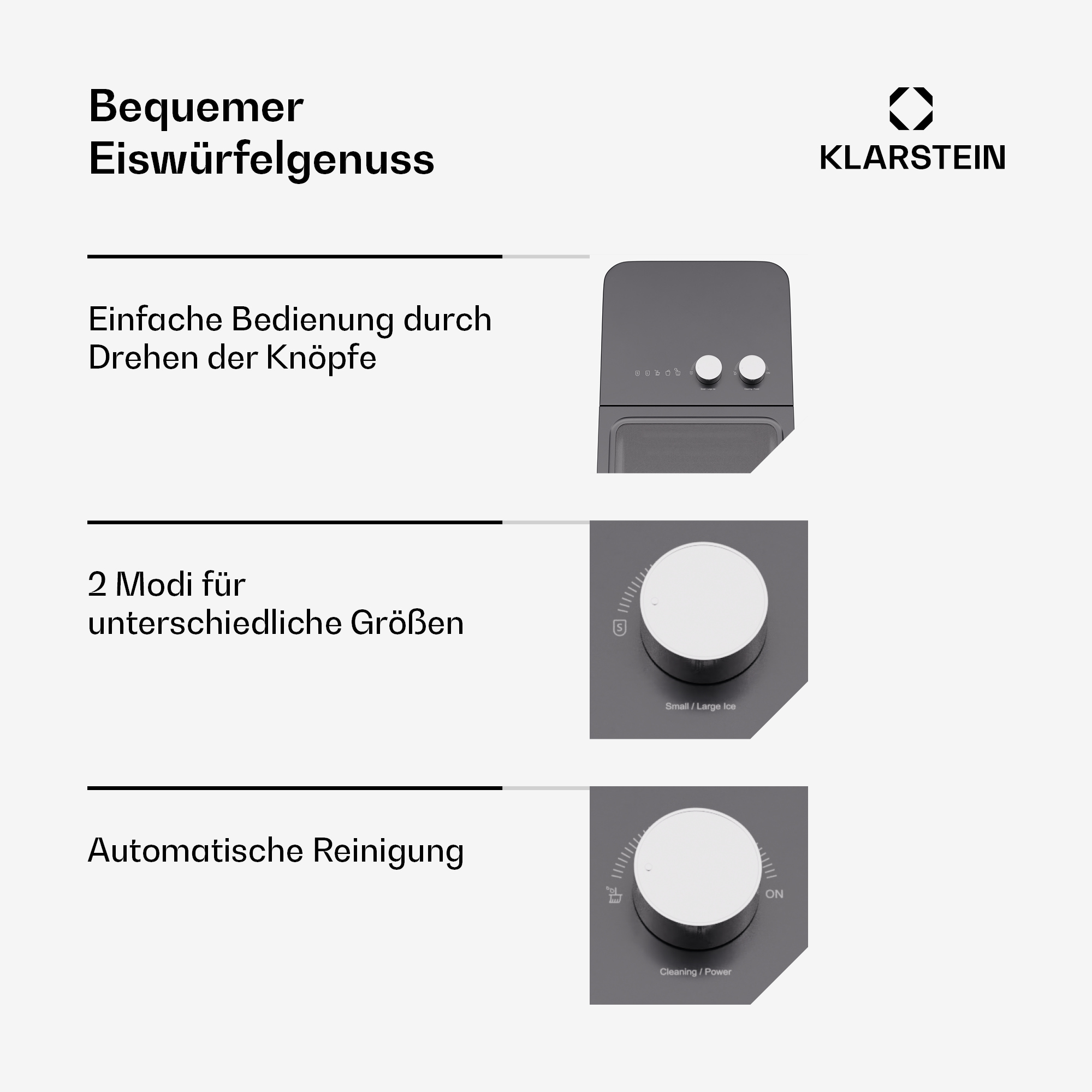 Ein Bild zeigt ein Diagramm eines Eisbereiters. Es verfügt über Bedienknöpfe für einfache Bedienung und verschiedene Eisgrößen.