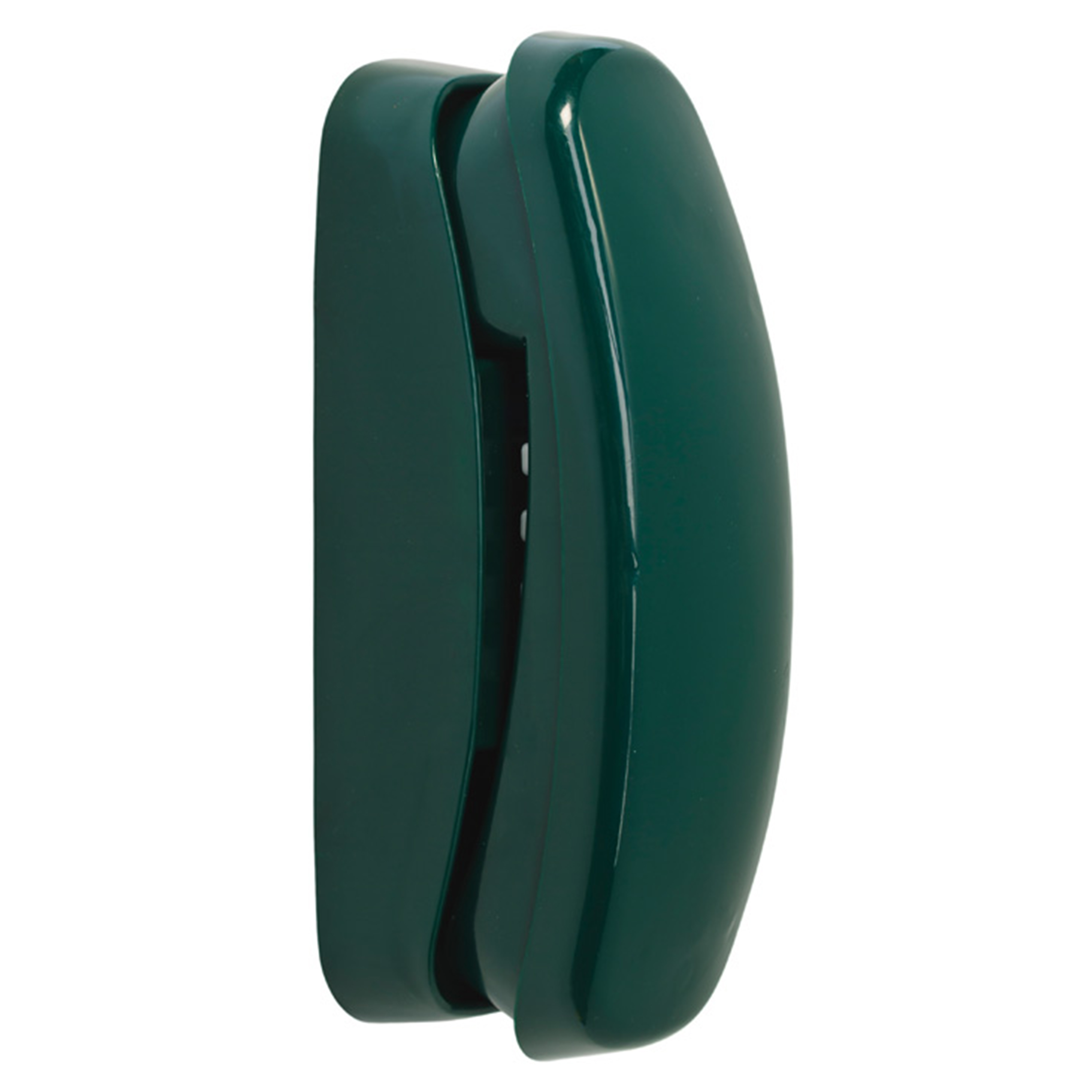 Dunkelgrüner Telefonhörer. Es hat eine gebogene Form mit einem Knopf und einer Halterung.