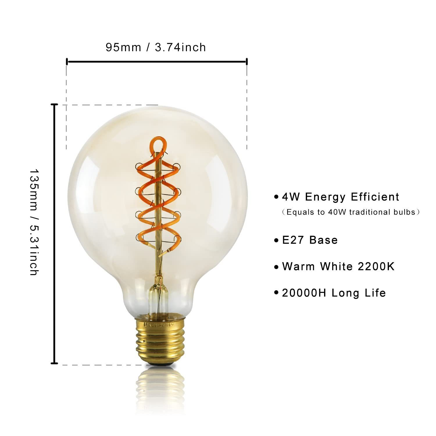 Una lampadina con filamento a spirale. Misure: 95mm x 135mm. Testo: 4W, E27, 2200K, 20000H.