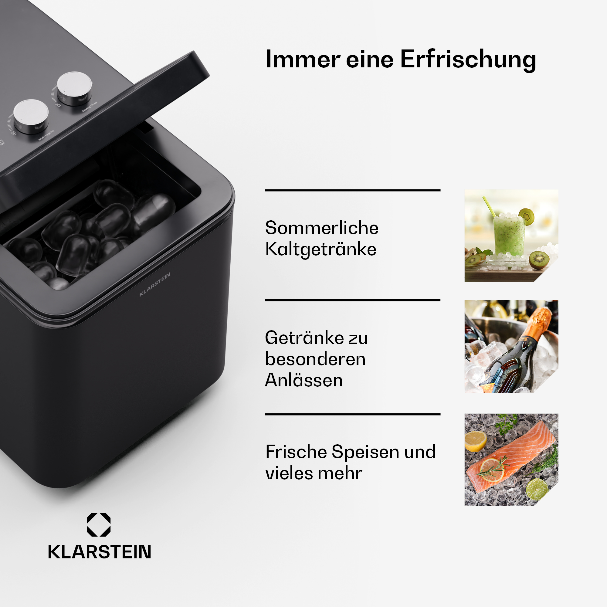 Schwarzer Eisbereiter mit Getränke- und Essensbildern.