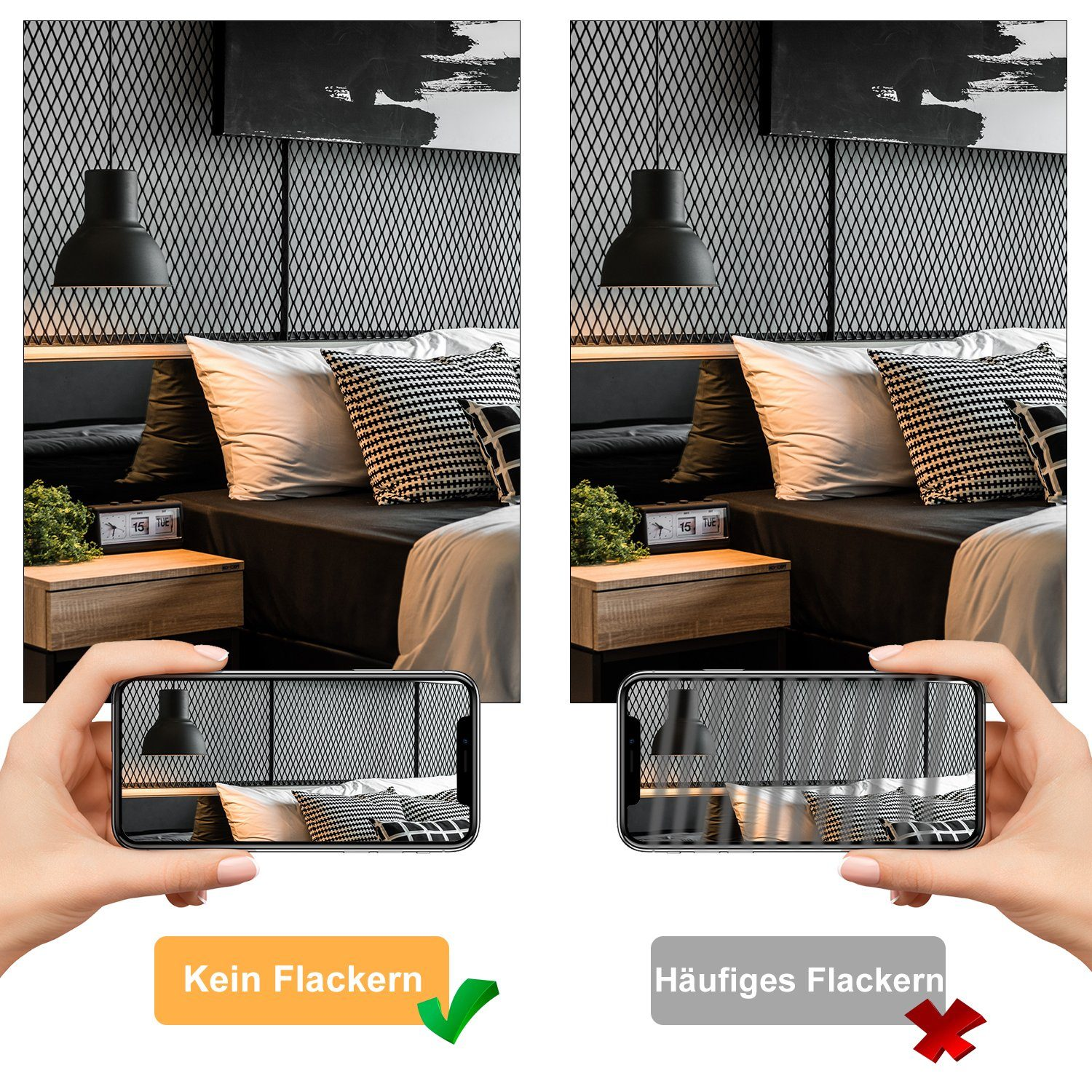 Dwa obrazy przedstawiające łóżko. Jeden nie migocze, drugi migocze. Tekst wyjaśnia każdy z nich.