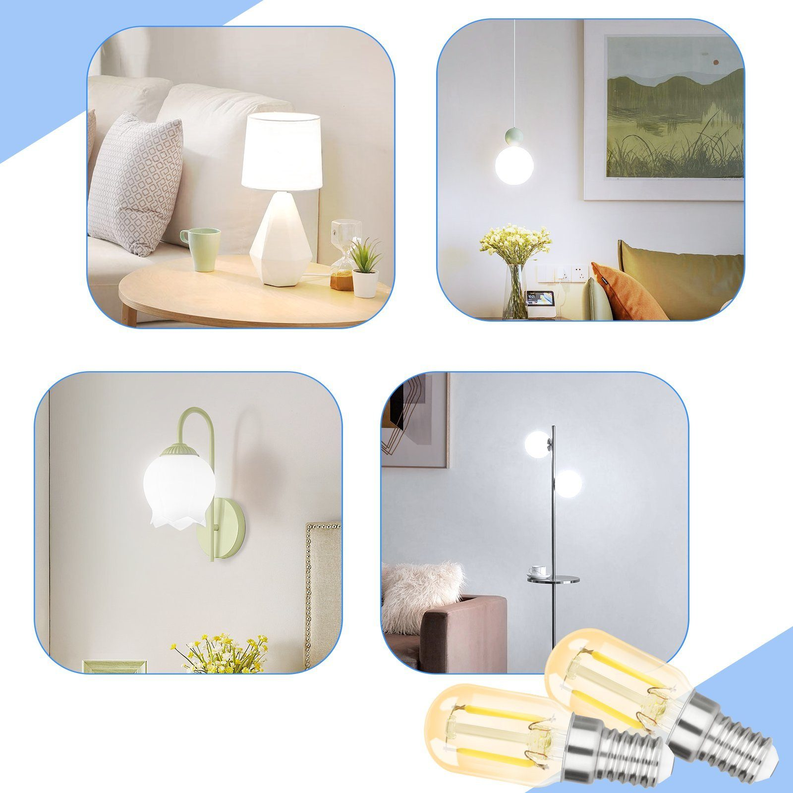 Cztery zdjęcia lamp o różnych wzorach do dekoracji wnętrz i dwie żarówki.