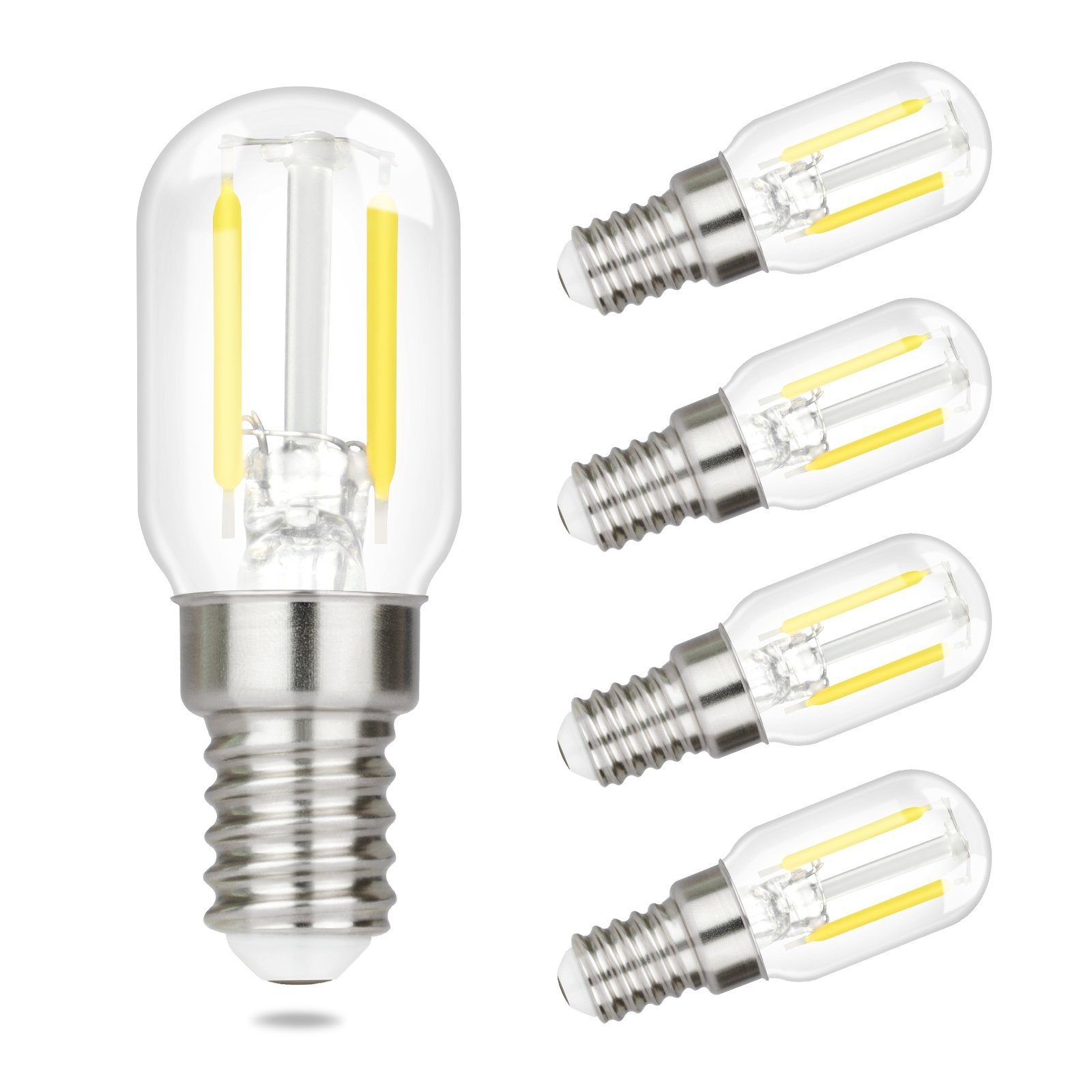 Quattro piccole lampadine. Hanno vetro trasparente e filamenti gialli.