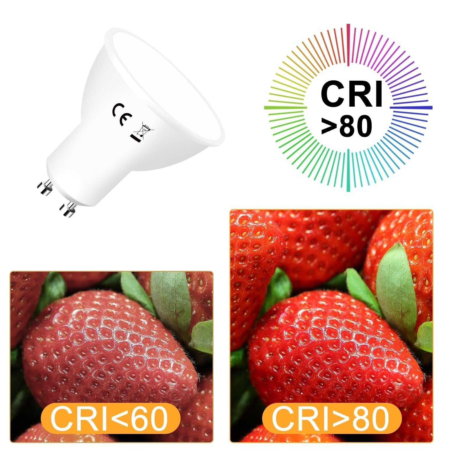 Lampadina LED bianca con CRI<gt/>80 e fragole che mostrano CRI<lt/>60 e CRI<gt/>80.