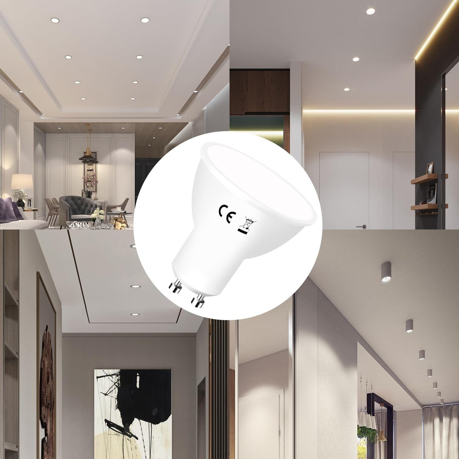 Varie stanze con illuminazione a incasso. Un primo piano di una lampadina GU10 è al centro.