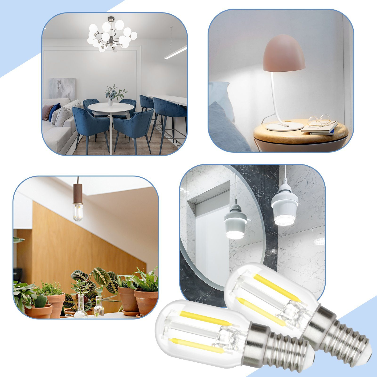 Kolaż zdjęć wnętrz z różnymi scenariuszami oświetleniowymi i zbliżeniem żarówek.