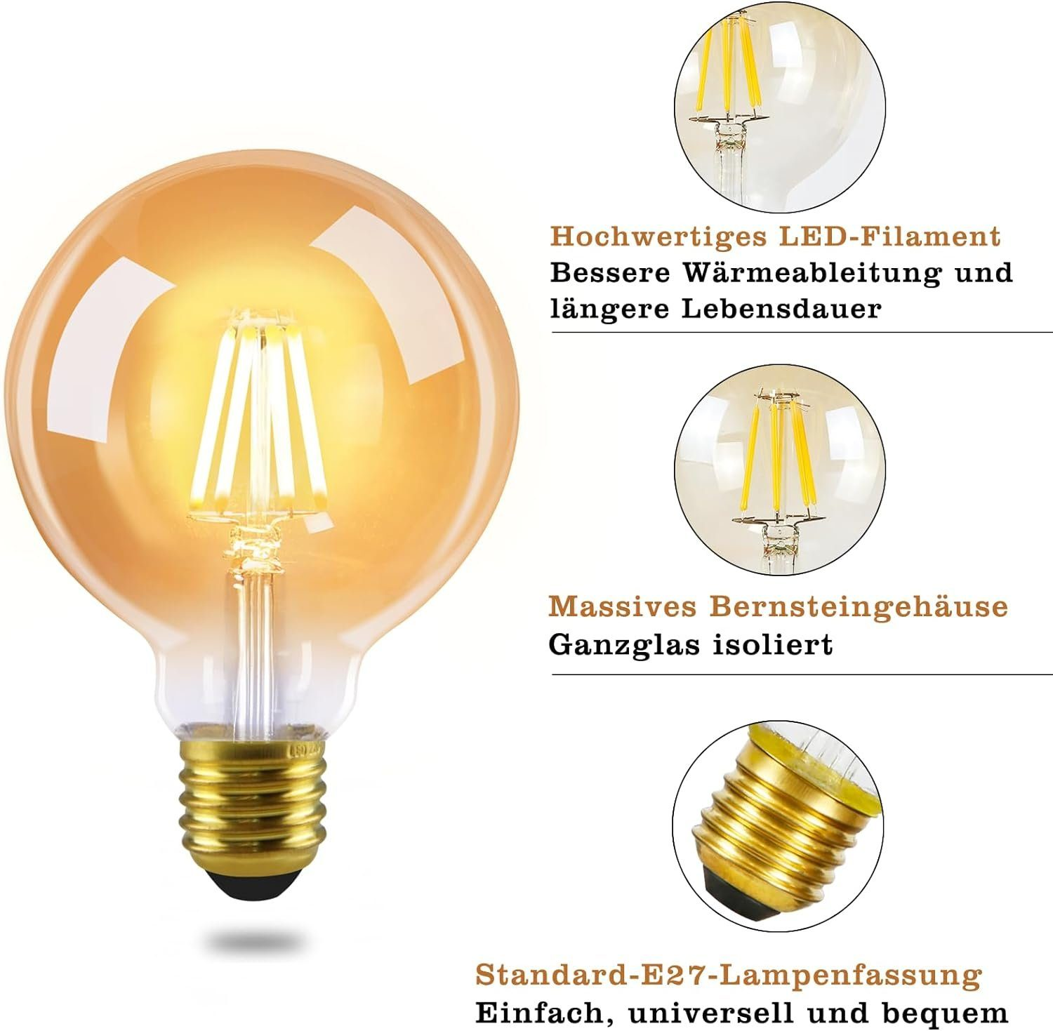 Okrągła, złota żarówka LED ze szczegółowymi zbliżeniami żarnika i podstawy.