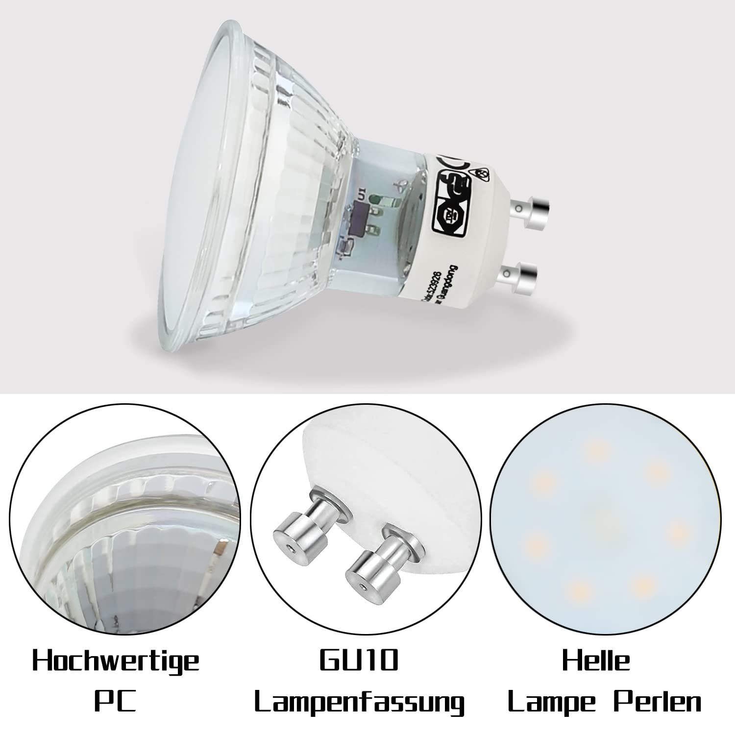 Primo piano di una lampadina con tre viste dettagliate. Ha base GU10 e luci LED.