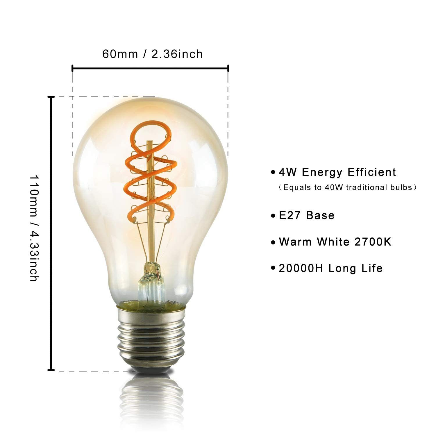 Eine tropfenförmige LED-Glühbirne mit Wendel, Abmessungen 60 mm x 110 mm.