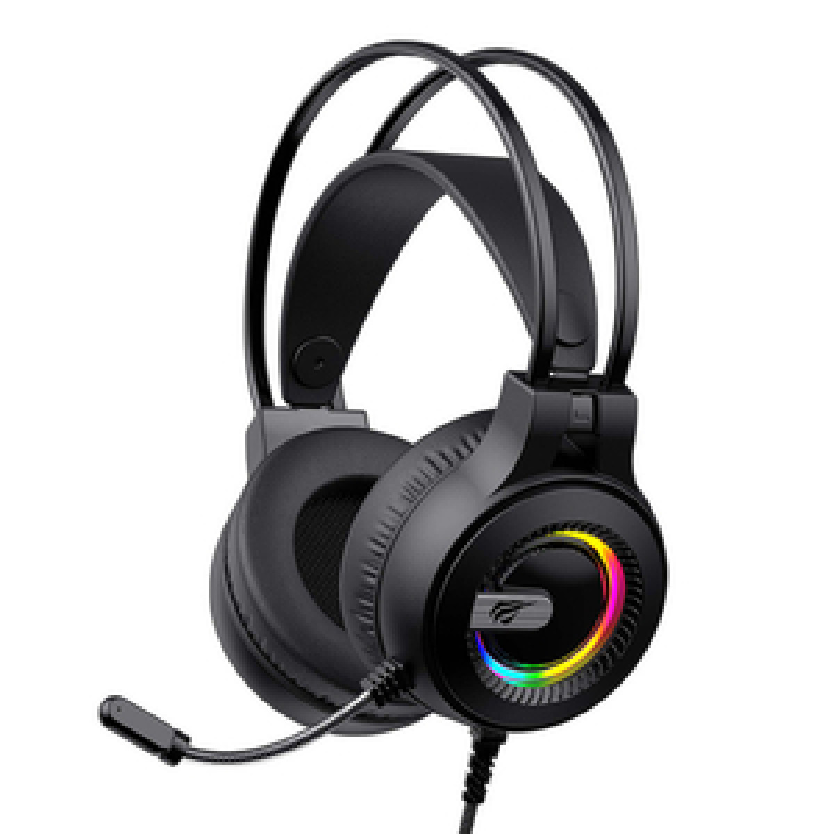 Cuffie da gioco nere. I padiglioni auricolari hanno una luce arcobaleno. Il microfono si estende.