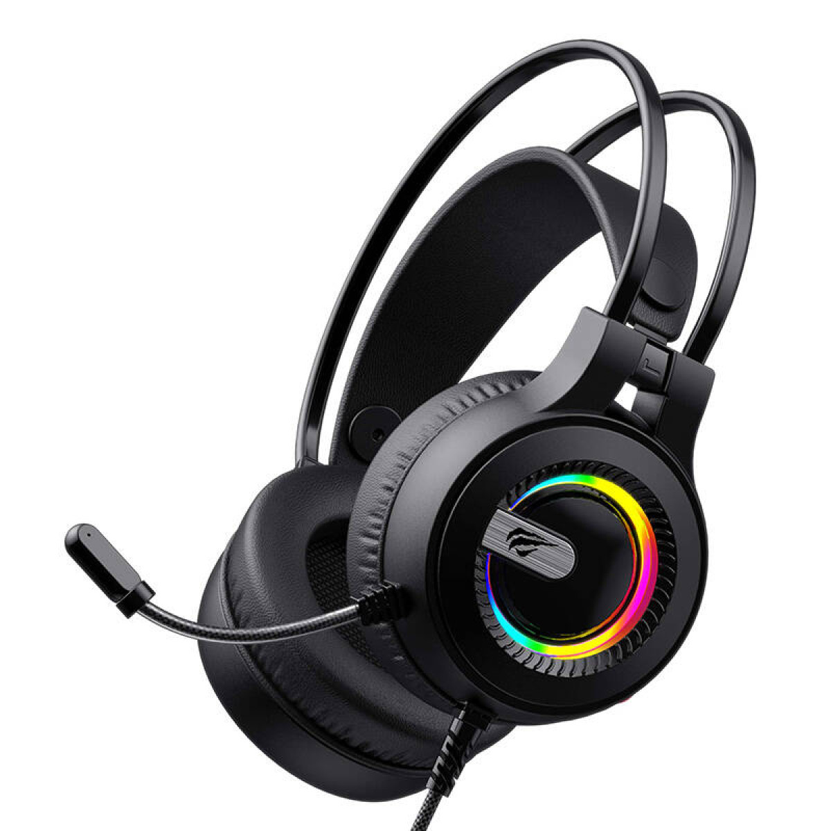 Cuffie da gioco nere con luce colorata attorno al padiglione auricolare.