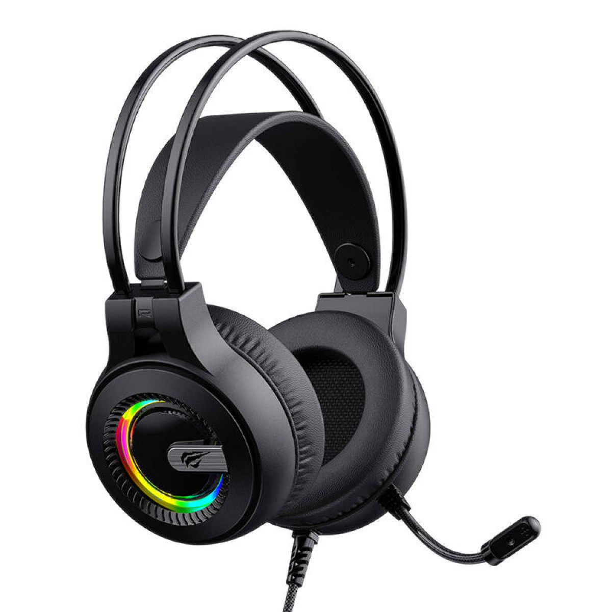 Cuffie da gioco nere con microfono, illuminate multicolore. Sfondo nero.