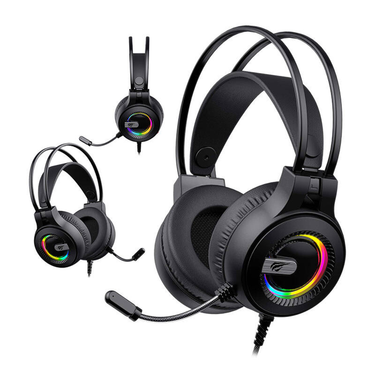 Cuffie da gioco nere con luci RGB. Sono mostrate tre viste delle cuffie.