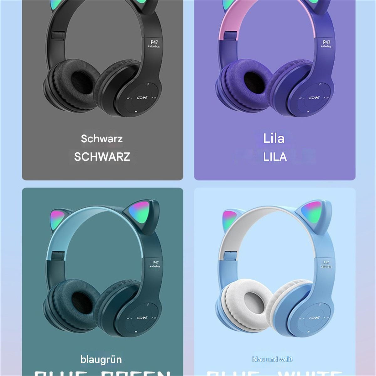 Kopfhörer in vier Farben: Schwarz, Lila, Blaugrün und Blau. Jedes Paar hat Katzenohren-Akzente.