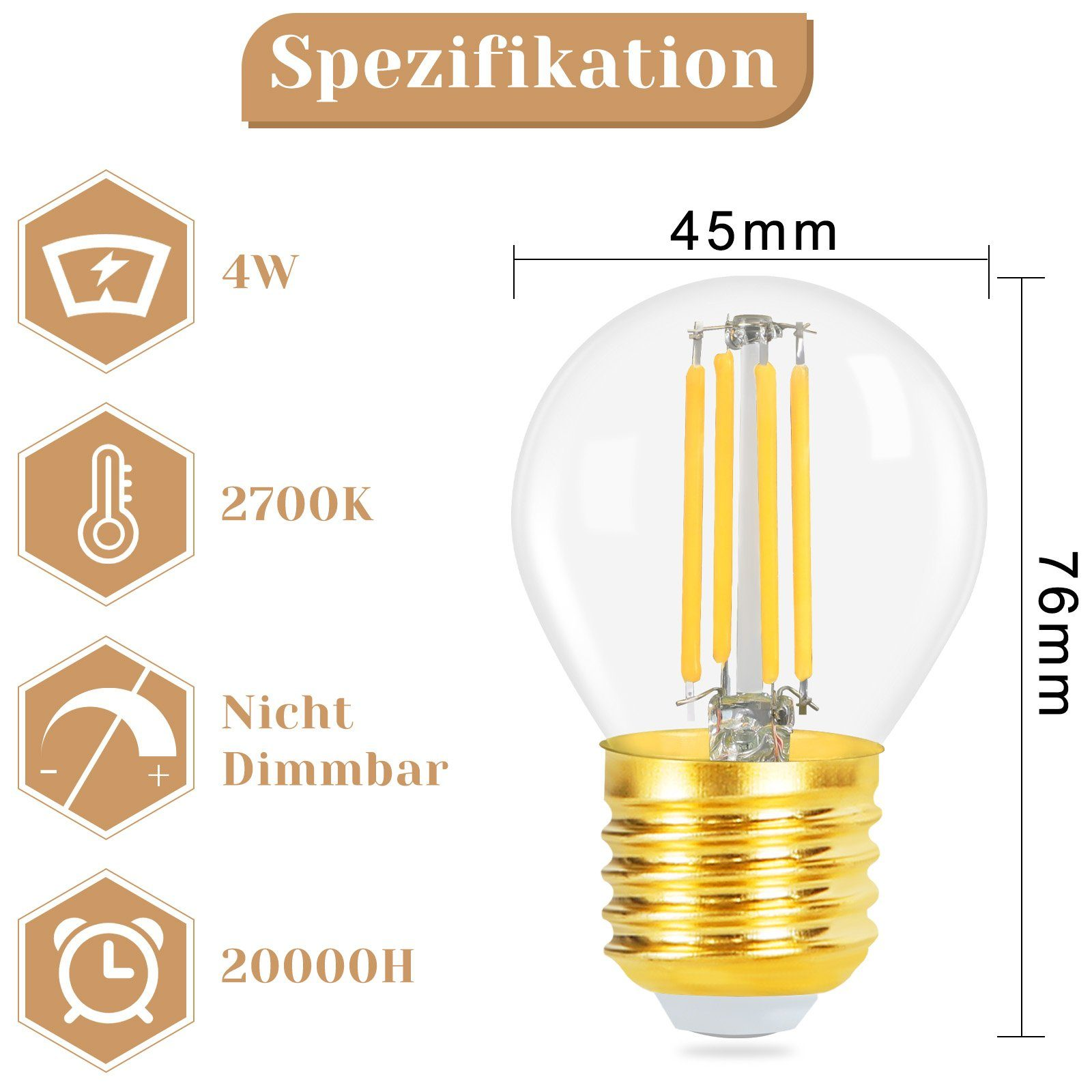 Żarówka z pomiarami i specyfikacjami, w tym mocą i temperaturą barwową.