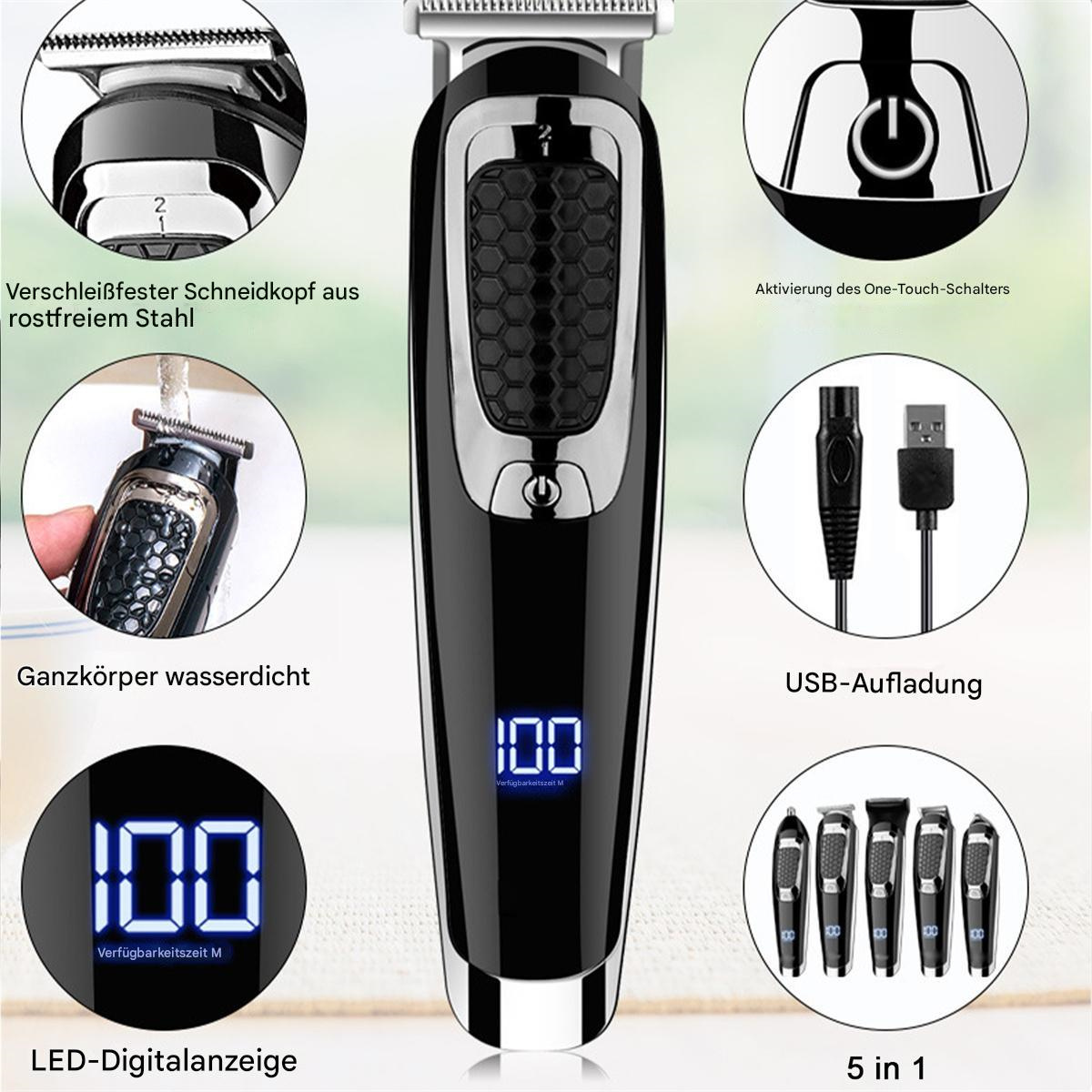 Ein schwarzer Elektrorasierer mit mehreren Aufsätzen und einer Digitalanzeige mit 100 % Akku.