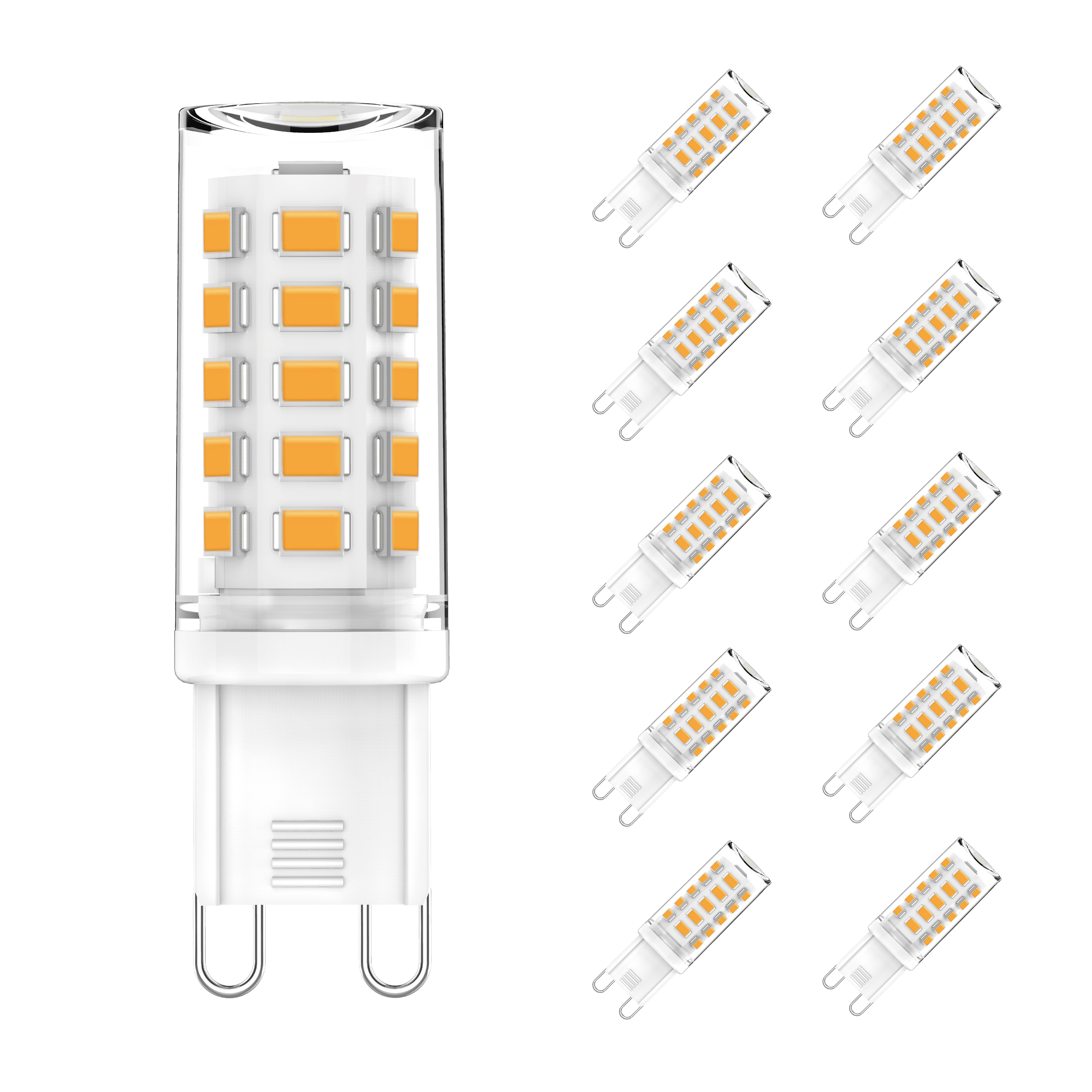 Grupa pomarańczowych żarówek LED z białą podstawą.