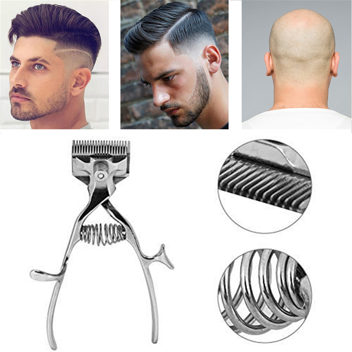 Bilder von Herrenhaarschnitten und einem manuellen Haarschneider mit Nahaufnahmen der Klingen.
