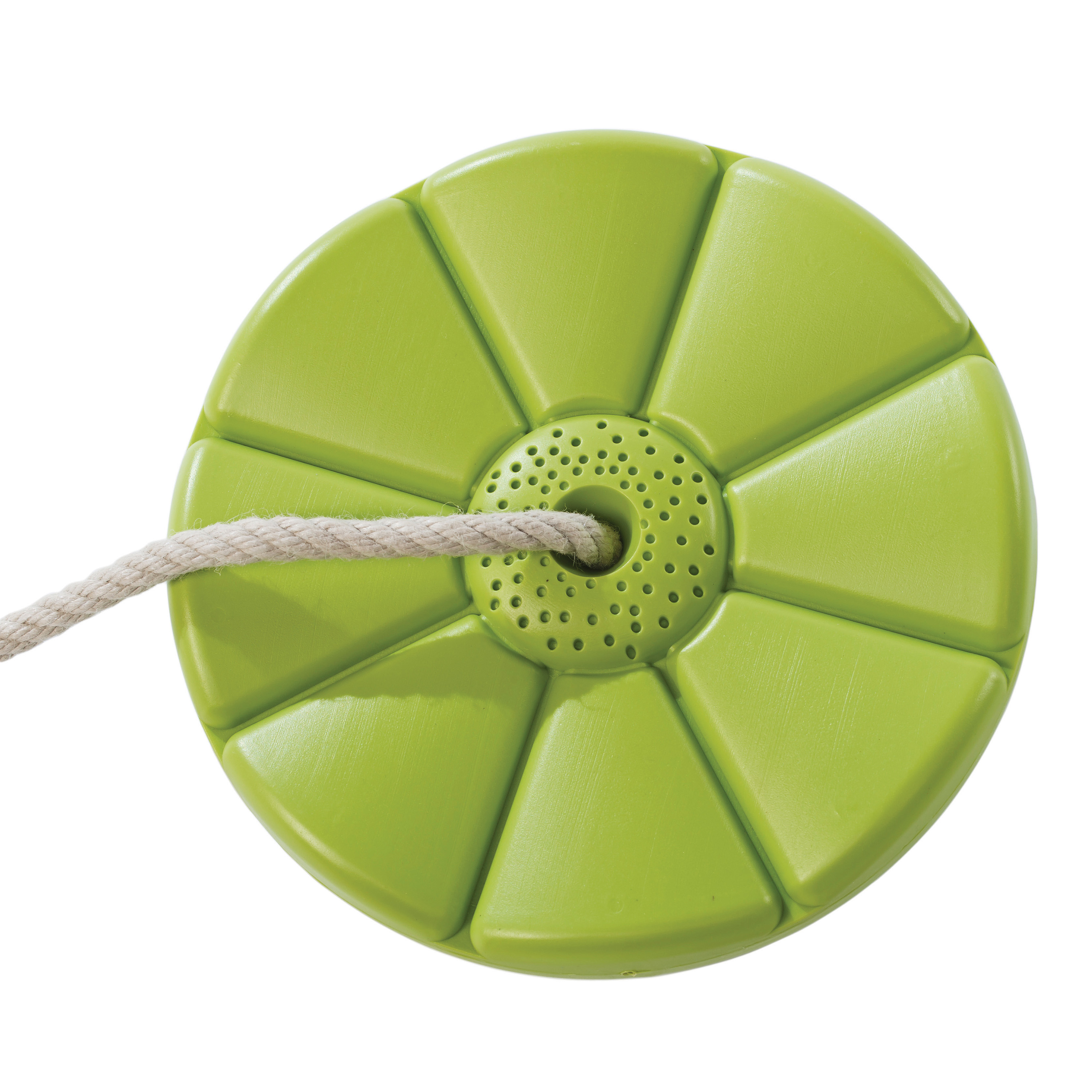 Grüner, runder Schaukelsitz mit Seil. Perforierte Mitte, segmentiertes Design.