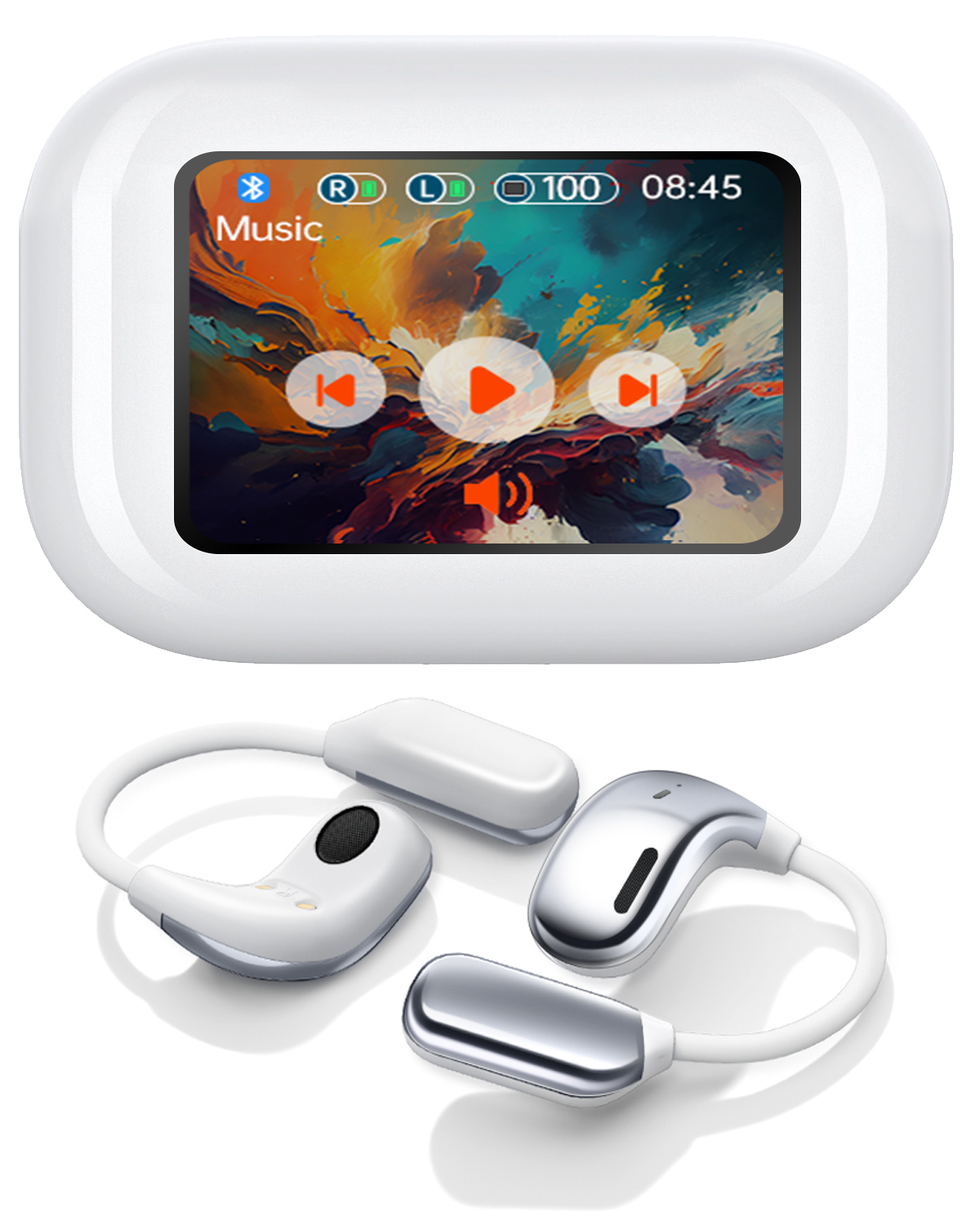 Weißer MP3-Player mit Bildschirm und weißen Ohrhörern. Zeigt Musiksteuerung und Akku an. Weißer Hintergrund.